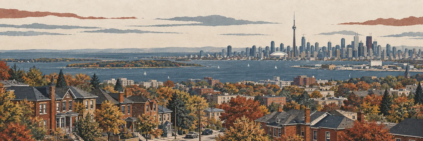 Illustration of Toronto brick homes, Lake Ontario and the complete skyline